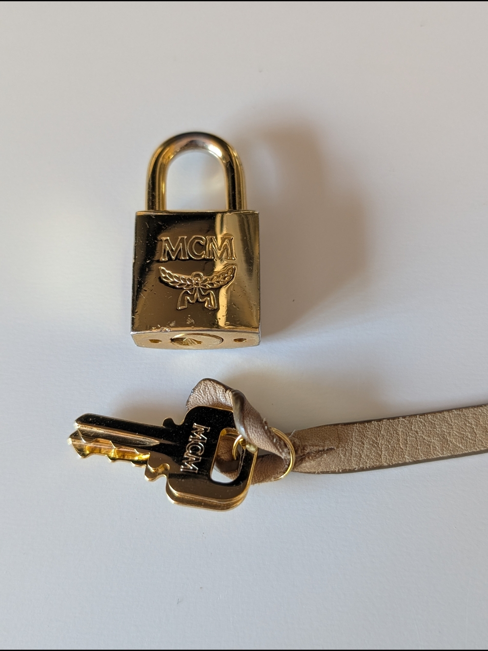 MCM Gold Padlock and Two Keys On Cream Leather Lanyard